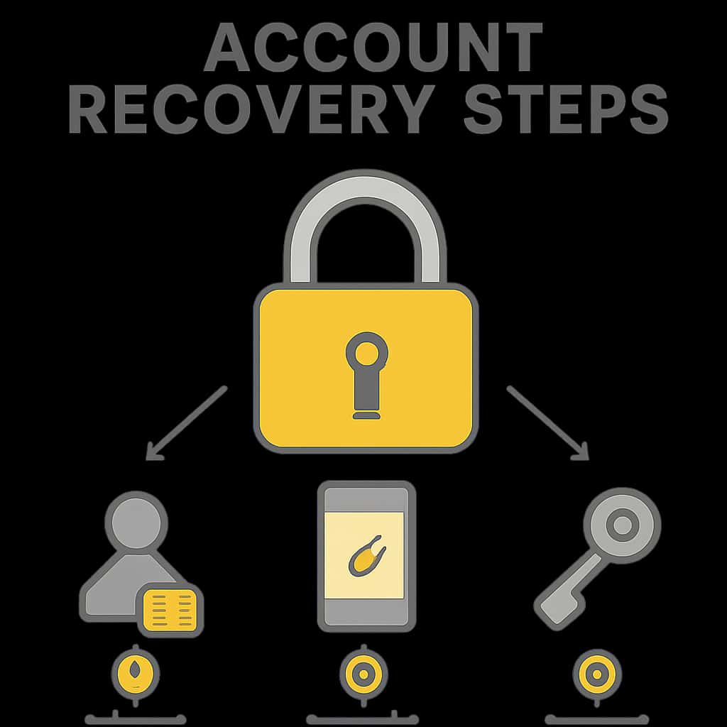 An educational diagram showing the steps involved in Rajaluck Account Recovery.