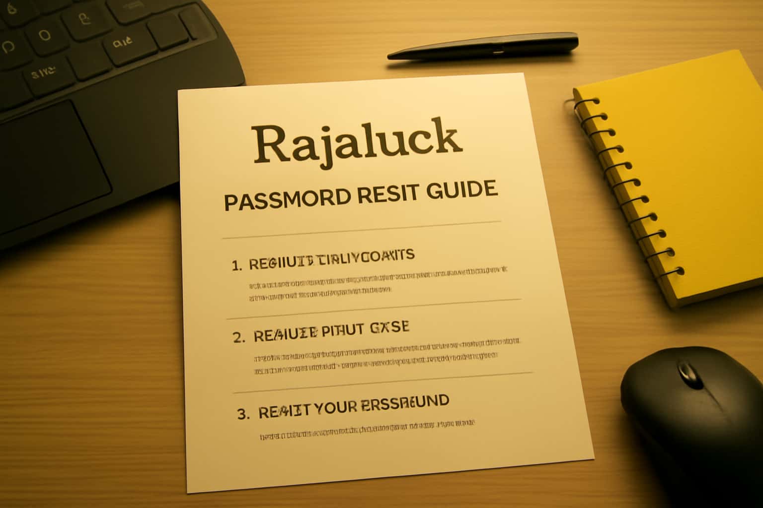 A professional guide overview scene, displaying the title 'Rajaluck Password Reset Guide' against a tech-inspired background.